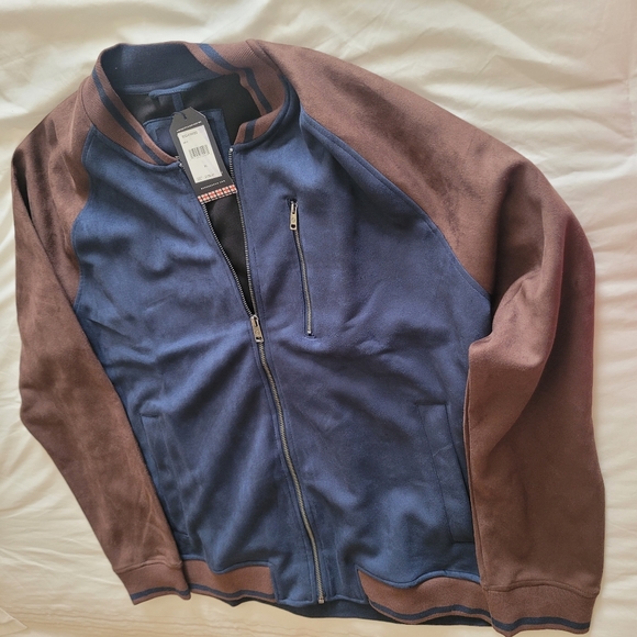 BEN SHERMAN Faux Suede Bomber Jacket Navy and Brown  Size: XL - Picture 3 of 7